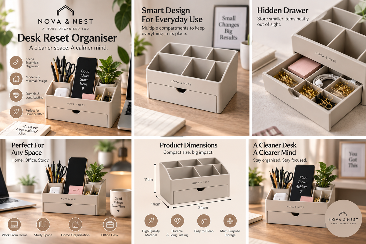 NOVA & NEST Desk Reset Organiser illustrative product and lifestyle guide